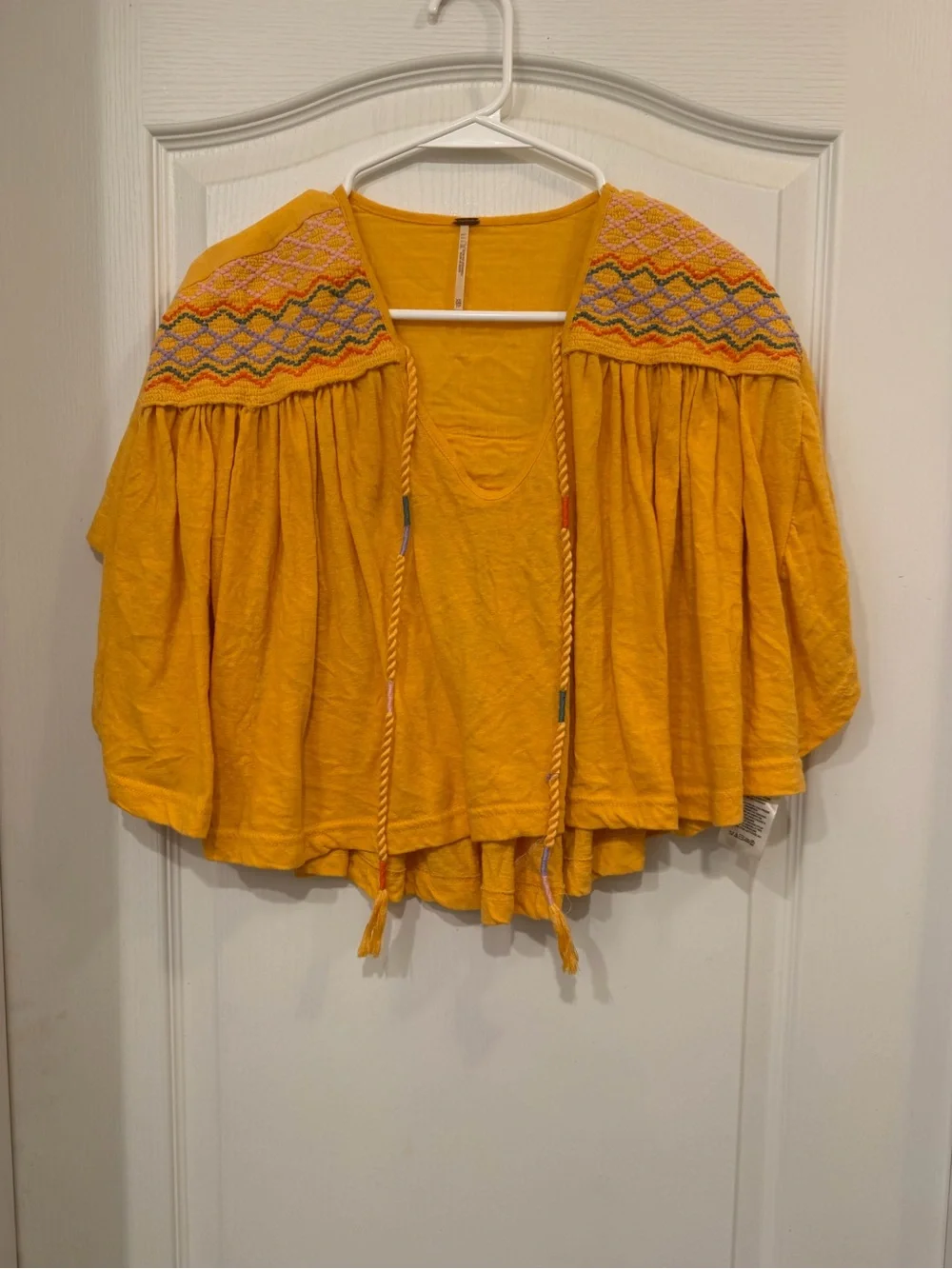 Free People Mustard Embroidered Tie-Front Boho Tunic